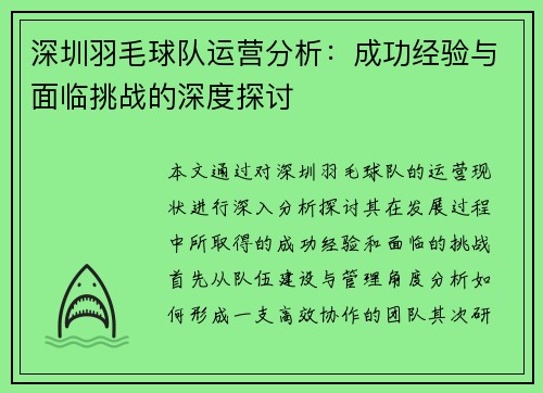 深圳羽毛球队运营分析：成功经验与面临挑战的深度探讨
